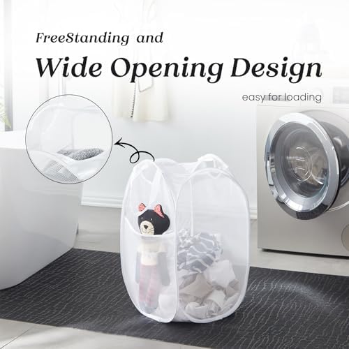 TECHMILLY Collapsible Mesh Pop Up Laundry Hamper with Sturdy Handles and Side Pocket - Portable Foldable Clothes Baskets for Dorm, Bathroom & Travel Storage (White, 2 Packs) - Image 4