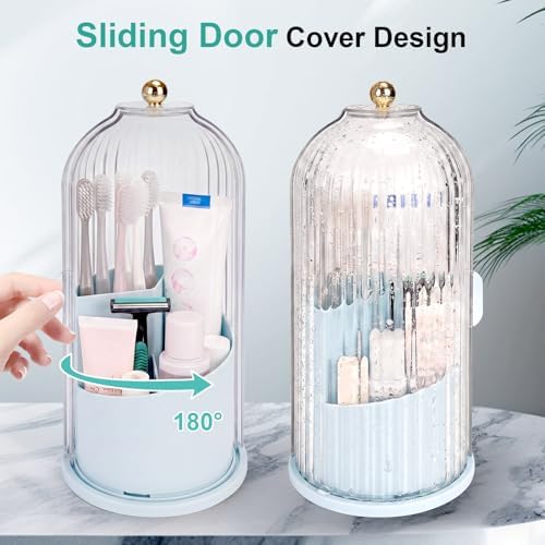 QIYVLOS Toothbrush Holders with Sliding Lid, Rotating 3 Slots Bathroom Organizer Countertop, Tooth Brush Toothpaste Holder Bathroom Counter Stand Sink Organizer Caddy for Makeup Brushes Holder (Blue) - Image 2
