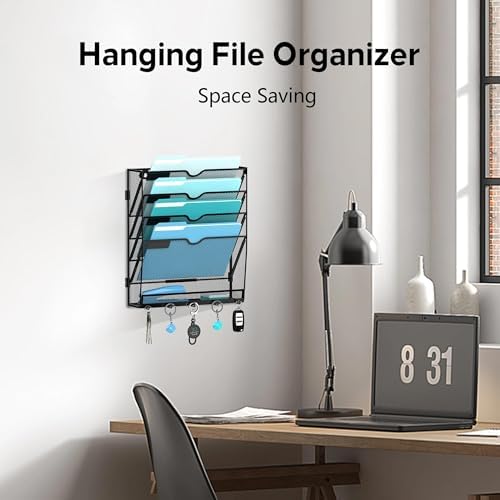 5-Tier Wall File Organizer and Mail Organizer with 5 Hooks, Black - Image 5