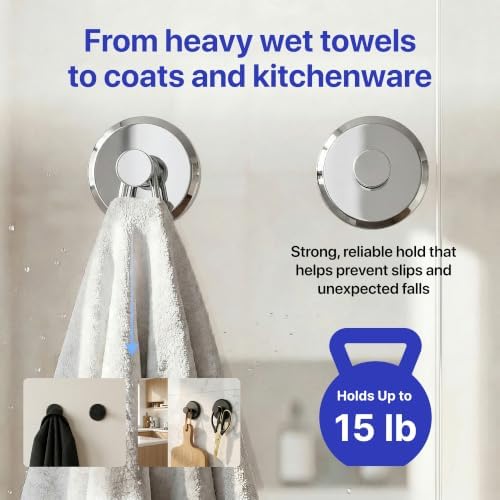 HOME SO Suction Cup Hooks for Shower & Bathroom Towel Holder 2-Pack Chrome - Image 4