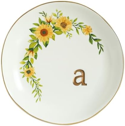 COLLECTIVE HOME - Ceramic Jewelry Tray, Trinket Dish for Rings Earrings Necklaces Bracelet Watch Keys, Birthday Mother's Day Christmas Gift for Women, 4.75", White Surface wirh Sunflowers (a) by COLLECTIVEHOME