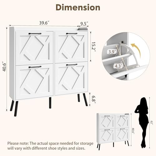 Nicetree Shoe Cabinet with 4 Flip Drawers, Freestanding Shoe Organizer Cabinet with Metal Legs, Farmhouse Slim Shoe Rack Cabinet for Entryway, Foyer, Hallway, White - Image 2