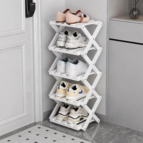 Vertical Small Shoe Rack White, 5 Tier Portable Folding Shoe Storage Rack, Without Installation Free Standing Shoe Rack for Corridors, Bedrooms Living Room Corner and Small Spaces by Akloya