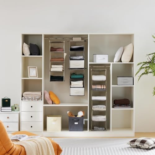 YOUDENOVA Hanging Closet Organizer and Storage for Clothes, 5-Shelf, Beige | Locker/RV/Camper Organizer, 2 Side Pockets, Hanging Shelves for Small Closet, Dorm Room Essentials for Guys, Non-woven Fabric - Image 2