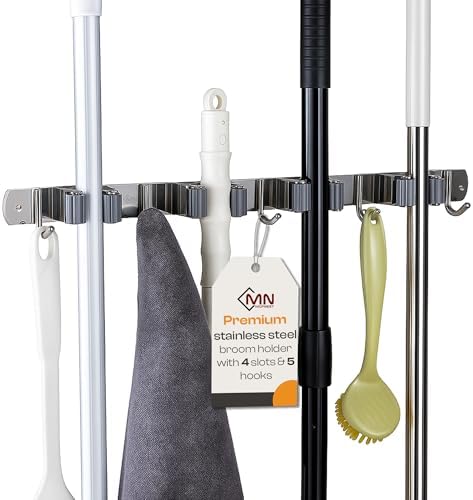 Stainless Steel Broom Holder Wall Mount, 4 Racks & 5 Hooks by MOPNEST