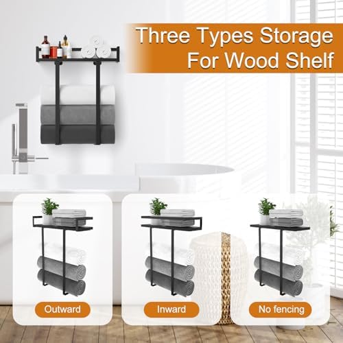 Towel Racks for Bathroom Wall Mounted, Xstydes Metal Towel Holder with Wooden Shelf for Folding Large Towels, Towel Storage for Small Bathroom Organizer Decor or RV Camping, Black - Image 7
