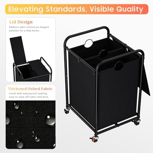 120L Laundry Sorter 2 Section, Rolling Laundry Basket with Wheels ＆ Lid - Image 3