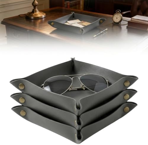 3 PACK PU Leather Jewelry Valet Tray Organizer, Foldable & Portable Catch All Bowl for Entryway Table, Nightstand, Desk & Travel | Storage Dish for Keys, Watch, Coin, Glasses (Grey) by Ricomboo