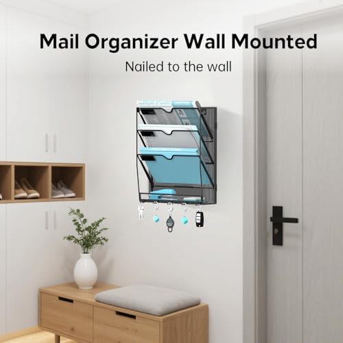 4-Tier Wall File Organizer and Mail Organizer with 5 Hooks, 2 Pack - Image 4