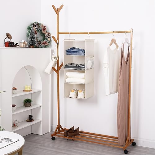 MAX Houser 4 Tier Shelf Hanging Closet Organizer, Space Saver,Closet Hanging Shelf with 2 Sturdy Hooks for Storage, Foldable (Beige) - Image 2