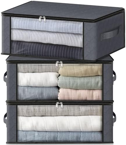 HomeHacks 3-Pack Clothes Organizer Storage Bags, 35L Storage Bins, Gray | Foldable Storage Box Container with Zippers, Clear Window, Reinforced Handles for Closet, Dorm, Pillows, Bedding, Sweater by HomeHacks