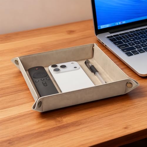 Valet Tray Desktop Storage Organizer – Premium PU Leather Catchall Bedside Vanity Tray Nightstand Caddy Holder for Remote Controller, Keys, Phone, Wallet, Coin, Jewelry,Apricot - Image 6