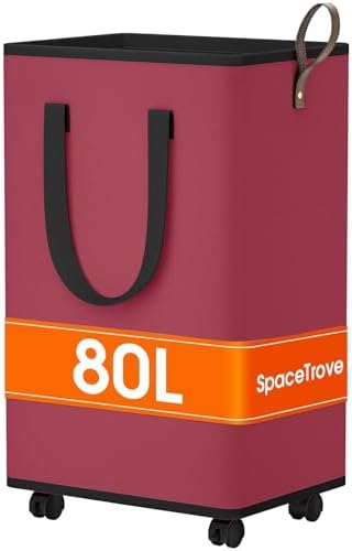 SpaceTrove Rolling Laundry Basket with Wheels, Laundry Hamper, 80L, Red by Unknown