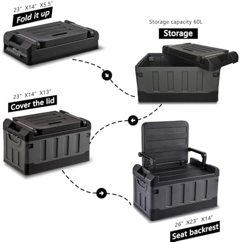 60L Foldable Seatable Camp Box Storage Bins w/Lids Trunk Organizer(Black) - Image 4