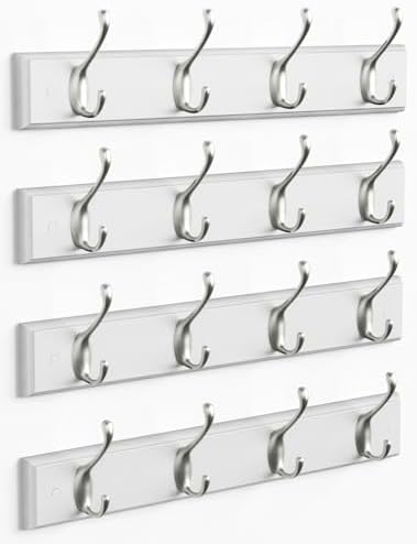 Forbena White Coat Rack Wall Mount 4-Pack, Coat Hanger Wall Mounted for Hanging Clothes Purse, Modern Key Holder Hooks for Closet Hat, Belt, Bag, Backpack, Leash (White and Silver - 16 Hooks) by Forbena