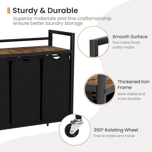 SwaaVee Laundry Sorter, Laundry Hamper 3 Section, 3×11.4Gal, Metal Frame Rolling Laundry Basket with Wooden Top Shelf, Pull out and Removable Laundry Bags, 3 Bags-Black - Image 5