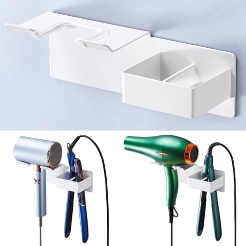 Hair Dryer and Straightener Holder Wall Mounted, Metal Adhesive Hair Tool Organizer for Blow Dryer, Curling Iron, Flat Iron, Bathroom Vanity Salon Barber Shops (White) by LOXSUN
