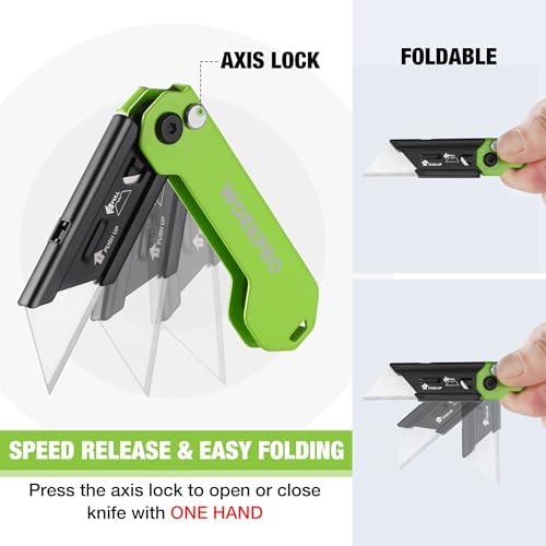 WORKPRO 2PCS EDC Folding Utility Knife, Mini Box Cutter with Quick Open Axis Lock, Quick Change Blade Razor Knife, Foldable Small Pocket Knife with Belt Clip, 2 Packs with 10 Extra Blades - Image 5