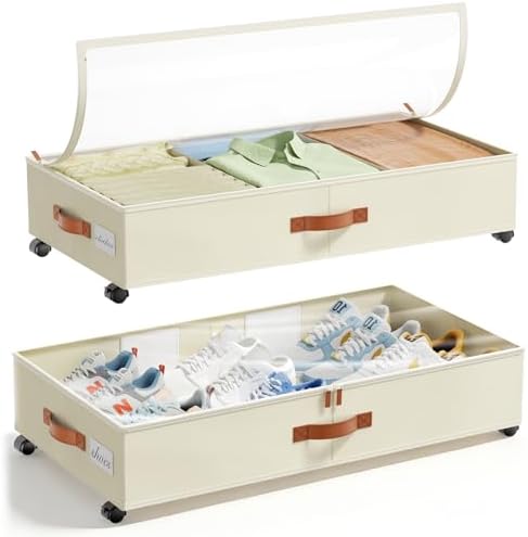 LAMU Under Bed Storage with Wheels, 2 Pack Under Bed Storage Containers with Clear Lids & Label, Rolling Under Bed Drawers for Clothes, Shoes, Blankets, Beige by YourHome-OrganizationHelper