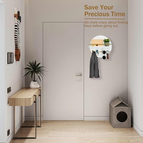 Key Holder for Wall Decorative with Shelf and Hooks, Mail Organizer Wall Mount with Sunglasses Holder, Circular Design Entryway Key Rack Hanger, Rustic Home Decor Boho Wall Decor (White) - Image 5