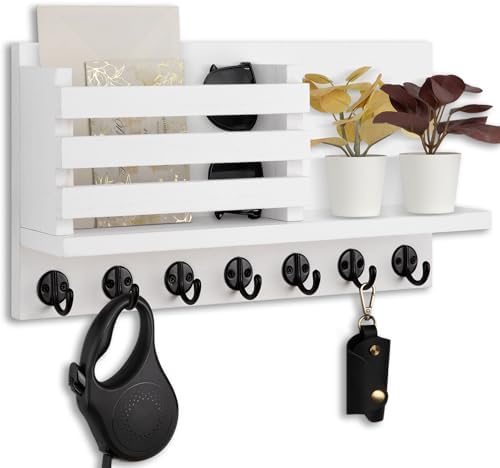 Lwenki Key Holder for Wall – Decorative Wooden Mail Holder and Key Shelf with Mounting Hardware, Installation Guide – Paulownia Wood with Metal Key Hooks (White, Extra Large - 15.6inch) by Lwenki