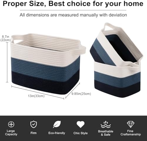 OIAHOMY Storage Basket, Woven Baskets for Storage, Cotton Rope Basket for toys,Towel Baskets for Bathroom - Pack of 3, Gradient Blue - Image 3