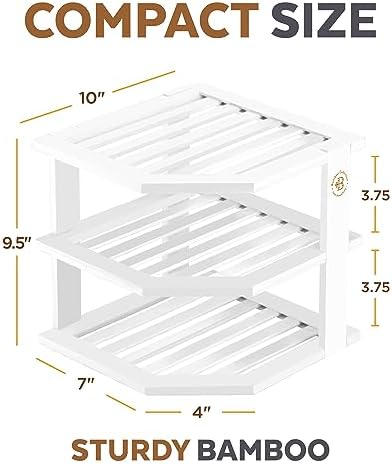 White Plate Organizer for Cabinet - 3 Tier Bamboo Corner Cabinet Organizer Shelf for Plates Bowls Mugs Cups, Kitchen Cabinet Organizer, Cabinet Shelf Organizer, Countertop Rack, 10 x 10 x 9.5 Inch - Image 3
