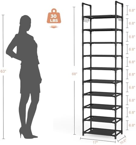 LANTEFUL 10 Tiers Shoe Rack 25 Pairs Large Capacity Tall Shoe Organizer Sturdy Shoe Storage with Two Hooks Space Saving Metal Narrow Shoe Rack for Closet, Entryway, Bedroom, Black - Image 3
