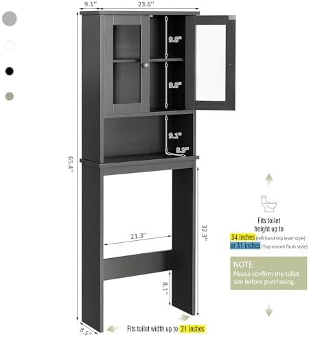 Over the Toilet Storage Cabinet, Bathroom Storage Cabinet Over Toilet, Space Saver with 2 Tempered Glass Doors, Grey - Image 2