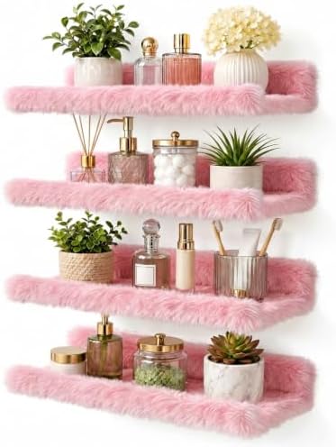 Pink Plush Acrylic Bathroom Floating Shelf with Front Lip, Wall Mounted by CareMoreYJ