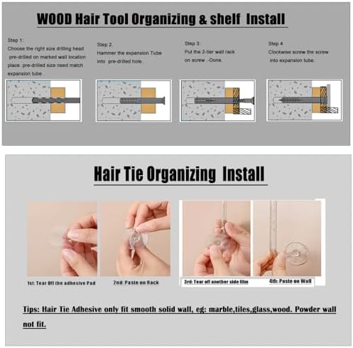 Hair Tool Organizer Wall Mount Holder, 2 Layer Rustic Blow Dryer Holder, Hair Product Wooden Storage Shelf for Hair Dryer, Curling Iron, Hot Tools, Vanity Accessories, Makeup, Toiletries(Dark Brown) - Image 5