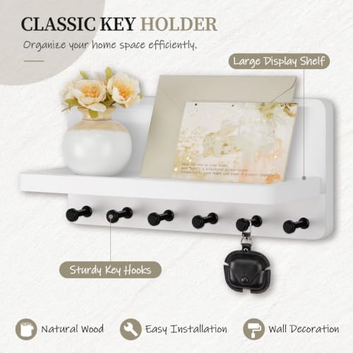 Nekon Key Holder for Wall with Shelf, Pine Wooden Key Hanger, White - Image 2