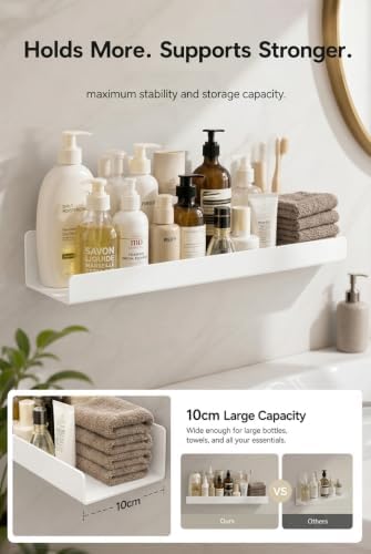 White Acrylic Bathroom Shelf Wall Mounted Floating Organizer with Front Lip - Image 7