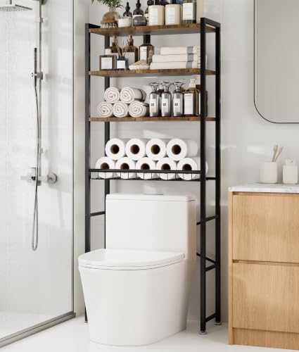 4-Tier Over-the-Toilet Storage Rack with One-Piece Wooden Shelves & Open Net Basket, Bathroom Organizer with Adjustable Feet & Anti-Tip Kit, Space-Saving Toilet Shelf, Brown, 24.4" x 9.4" x 69.3" by Unknown