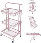3 Tier Foldable Rolling Cart, Metal Rolling Utility Cart Adjustable Movable Storage Organizer with Wheels for Living Room, Kitchen, Bathroom Bedroom and Office, Pink (Pink) by RustyVioum