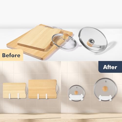 Pot Lid Rack, Wall Mounted 304 Stainless Steel Pan Lid Organizer Holder, Self Adhesive, Kitchen Cooking Utensil Tool (White, Set of 2) - Image 7