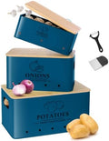 Kitchen Vegetable Storage Set of 3, Metal Onion Garlic Potato Storage Set, Kitchen Canisters Vegetable Keeper Containers with Aerating Holes and Bamboo Lid,Dark Blue by Dekosilave