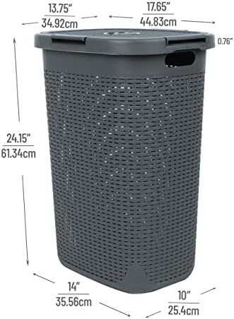 Mind Reader 60L Slim Laundry Hamper, Clothes Basket, Lid, Wicker Style, Plastic, 17.65"L x 13.75"W x 24.15"H, Set of 2, Gray - Image 3