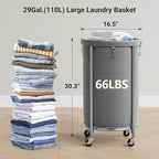 ELYKEN Laundry Basket with Wheels, Round Rolling Laundry Hamper, Gray - Image 3