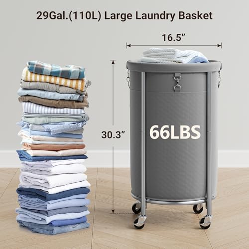 ELYKEN Laundry Basket with Wheels, Round Rolling Laundry Hamper, Gray - Image 3