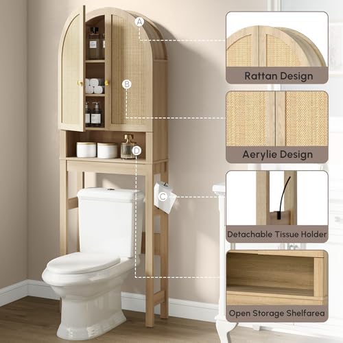 HMstone Over The Toilet Storage Cabinet, Arched Bathroom Organizer and Storage with Rattan Doors and Adjustable Shelf, Space-Saving Freestanding Bathroom Modern Storage Cabinet Over Toilet (Natural) - Image 6