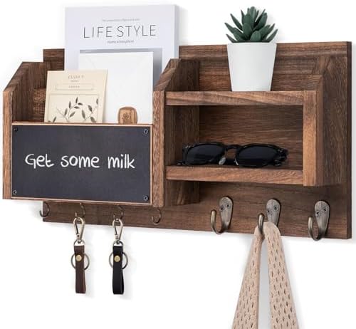 Lwenki Mail and Key Holder – Wall Mount Key Hanger with Shelf and 7 Metal Hooks – Decorative Natural Paulownia Wood Entryway Organizer with Mounting Hardware (16.5”W x 8.7”H x 3.5”D) (Brown) by Lwenki