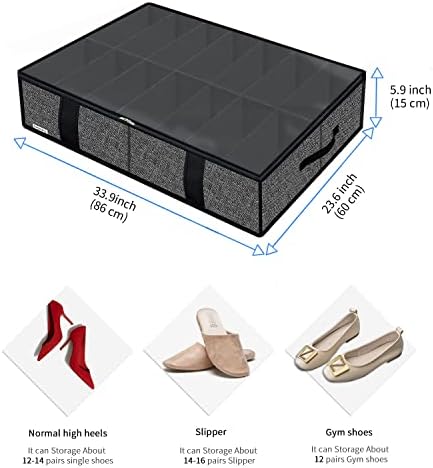 Onlyeasy 2 Pack Under Bed Shoe Storage Organizers with Handles & Clear window (Fit 14 +14 Pairs), Sturdy Underbed Box Organizer Shoe Storage Bags for Kids & Adults, Linen-like Black, MXAUBS14S14 - Image 2