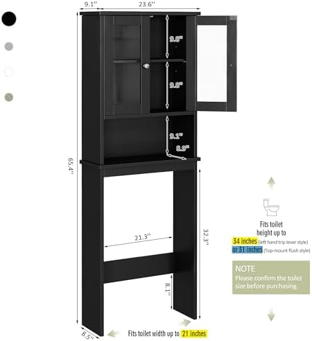 Over The Toilet Storage Cabinet for Bathroom, Black Storage Organizer Over Toilet, Space Saver with 2 Tempered Glass Doors, Black - Image 2