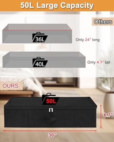 punemi 6.7 in Sturdy Under Bed Clothes Storage Containers, 2Pack, Black | Sturdy Ultra-Thick Fabric, with Zipper Lid & 3 Handles, Foldable Design, for Clothes, Blanket & Shoe Storage - Image 2