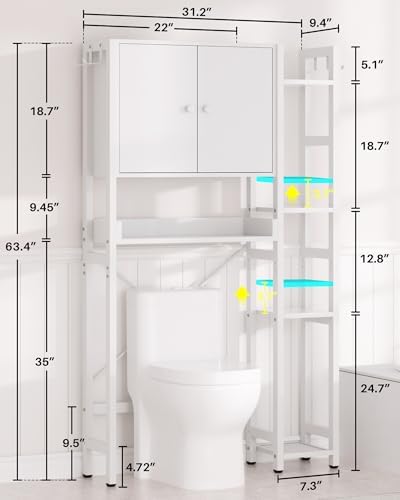 Over The Toilet Storage Cabinet with Doors - 7 Tier Bathroom Organizer with Adjustable Shelf, Freestanding Space Saver Rack Above Toilet Stand with 4 Hooks for Bathroom, Restroom, Laundry, White - Image 3