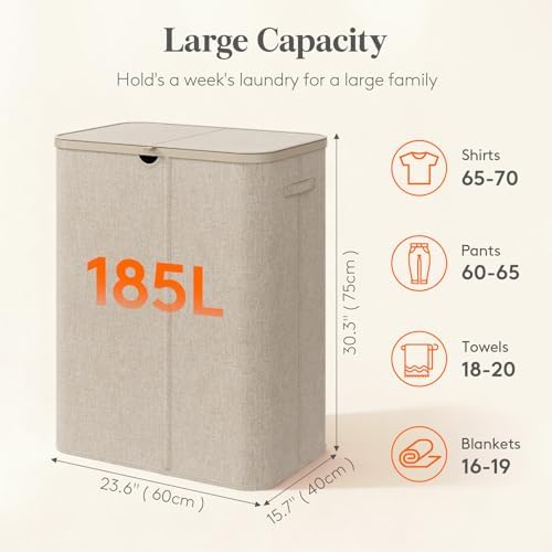 Lifewit 185L 3 Section Laundry Hamper with Lid, Laundry Basket, Beige - Image 2