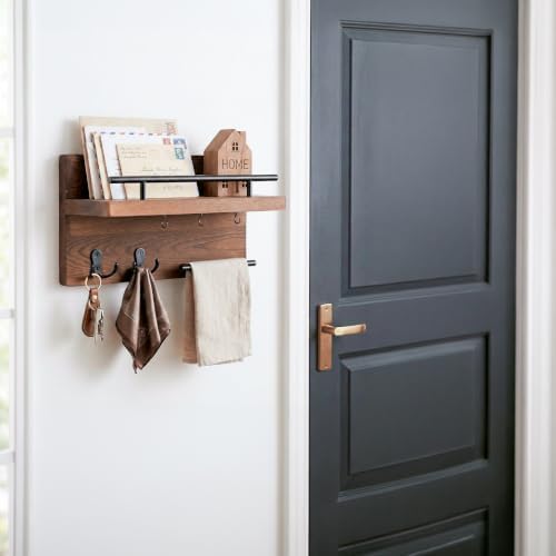 OurWarm Wall Mounted Key Holder/Hangers for Wall Decorative with 5 Key Hooks, Wooden Mail Rack Organizer with Shelf, Rustic Home Decor for Entryway Mudroom Hallway Office, Brown - Image 6