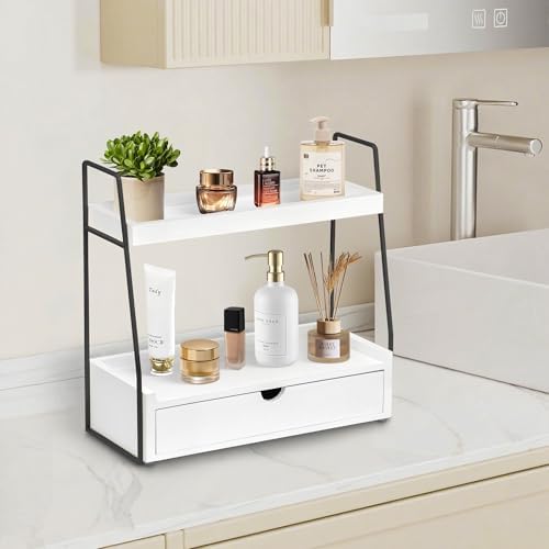 2-Tier Bathroom Countertop Organizer with Drawer, Wood Vanity Shelf White - Image 4