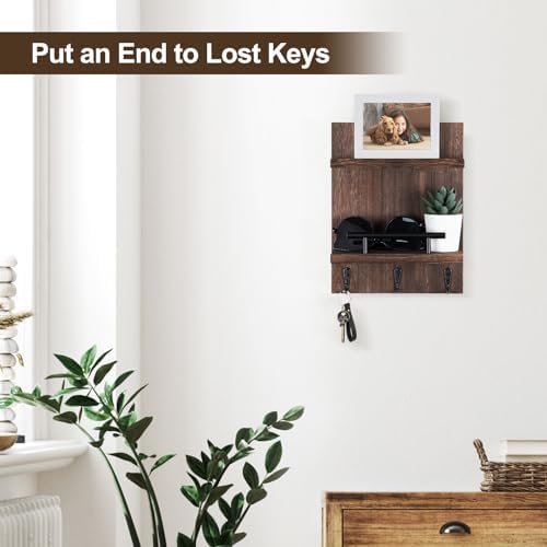 Key Holder Wall Mount, Mail Shelf Decor with 3 Key Hooks, Versatile Wood Wall Organizer for Entryway Hallway (8.2” x 10.6”x 3.6”) (Brown) - Image 5